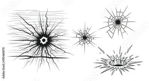 Cracked Glass Vector Graphics: Impact Breaks, Shattered Surface, Holes