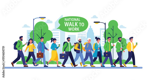 Diverse people walking to work on city street, National Walk to Work Day concept