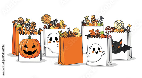 Halloween Candy Bags with Pumpkin, Ghosts, and Bat - Trick or Treat Fun