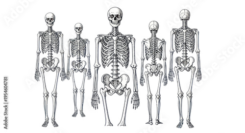 Group of human skeletons, front and back view, anatomical illustration