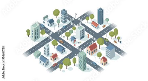 Isometric Cityscape Illustration: Urban Neighborhood with Buildings, Roads, Cars, and Trees