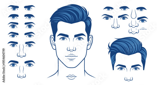 Man's Face Anatomy and Features Set, Male Head Illustration Elements