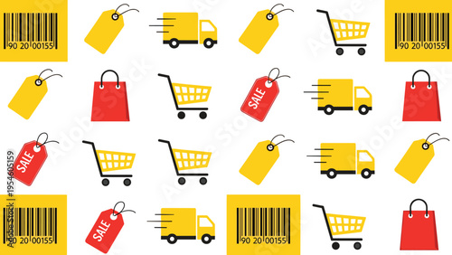 Ecommerce shopping icons pattern with barcode cart delivery truck sale tag and shopping bag flat vector illustration background