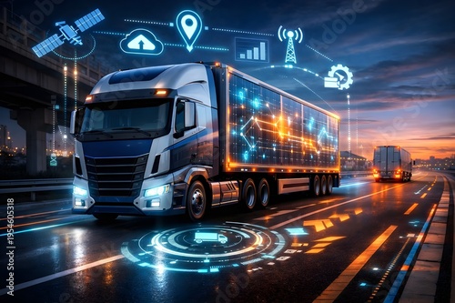 Futuristic Autonomous Semi Truck on Highway with Digital Logistics Icons and Smart Technology HUD
