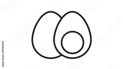 Eggs simple line drawing icon showing one whole egg and one halved egg with yolk visible featuring food, breakfast, symbol with illustration and