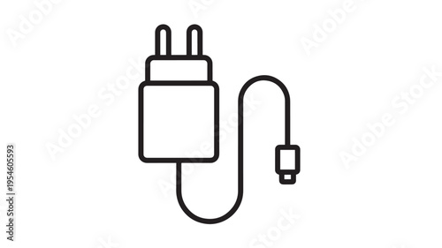 Charger adapter icon with curved wire and USB connector, clean line art illustration for electronics and power.