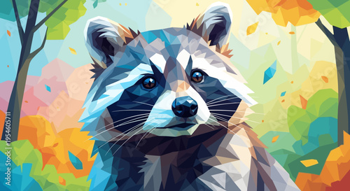 Colorful racoon with white markings face.
