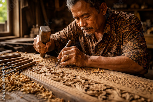 Artisan Carving Intricate Traditional Wood Patterns in Traditional Workshop
