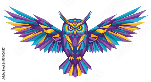 Colorful stylized owl in flight.