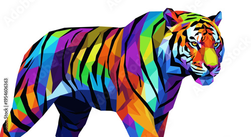 Colorful Tiger Walking Sideways Profile.