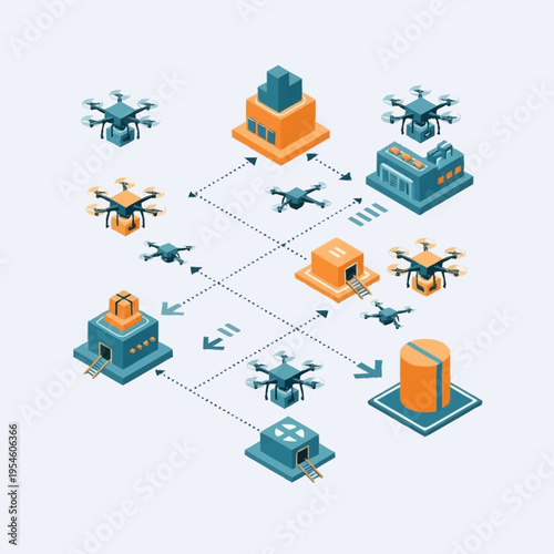Isometric illustration of a drone delivery network connecting various buildings and a central hub, showcasing modern logistics and technology.