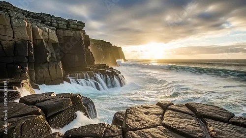 ocean wave crashing against rocky cliff at sunset