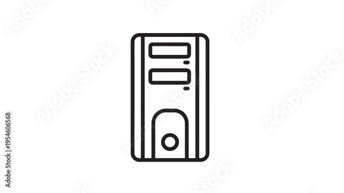 Computer tower icon with two rectangular slots and a circular power button, isolated on a white background.