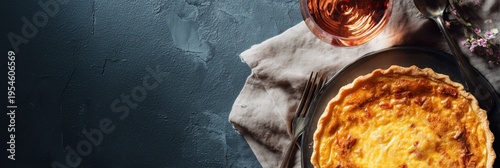 Quiche Lorraine Top View on Dark Slate with Rose Wine and Generous Editorial Copy Space