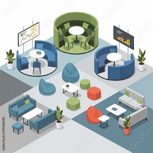 Isometric illustration of a modern office lounge area with various seating arrangements, including curved sofas, bean bags, and circular booths, alongside digital displays and potted plants.