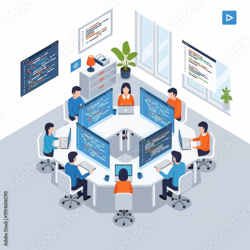 A team of developers collaborating around a hexagonal table, surrounded by monitors displaying code, in a modern office setting.
