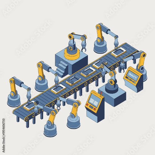 Isometric illustration of a factory assembly line with robotic arms.