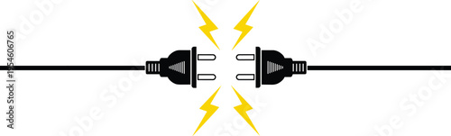Electric power connection concept with unplugged cables and lightning bolts, flat vector illustration symbolizing energy, electricity flow, charging disruption, technology infrastructure design