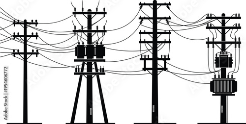 Electric power transmission and distribution poles silhouette with transformers and overhead wires isolated on white background energy infrastructure illustration