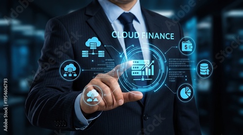 Cloud finance, fintech, digital banking, data management, cloud computing, investment, business expert utilizing advanced futuristic interface for global financial data analysis.