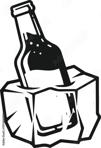 Black and white outline vector illustration of a bottle chilling in a bucket of ice, refreshing cold drink concept