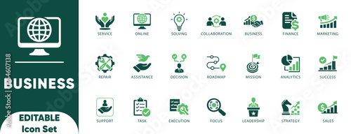 business transformation icon set. evolution, improvement, optimization, progress, strategy, transformation, upgrade, vision, and solid icons.