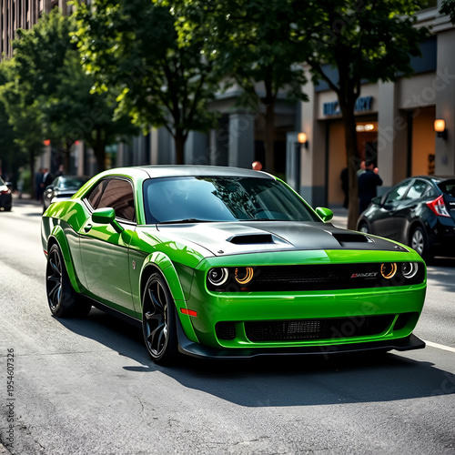 Green Dodge challenger hellcat car on the street
