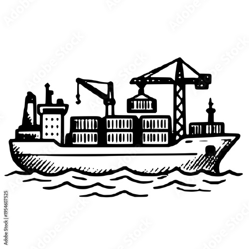 Hand-drawn illustration of a cargo ship at port with crane, perfect for shipping, logistics, maritime, and trade themed designs.