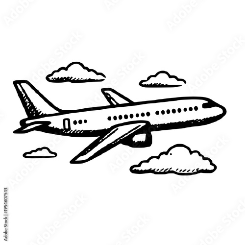 Hand-drawn illustration of an airplane flying over a cruise ship, ideal for travel, transport, aviation, and vacation themed designs.