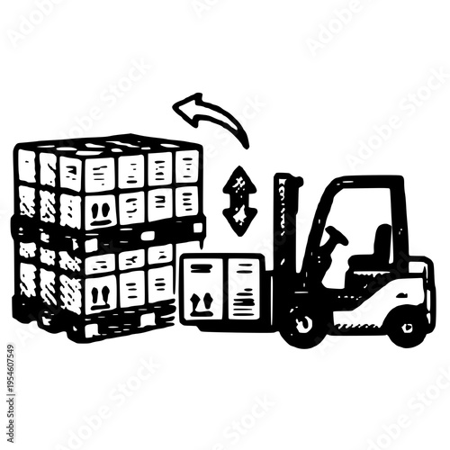Hand-drawn illustration of a forklift operating in a warehouse with cargo, ideal for logistics, industry, and warehouse themed designs.