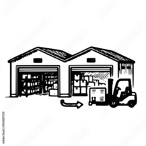 Hand-drawn illustration of warehouse or storage buildings with garage doors, perfect for logistics, storage, and industry themed designs.