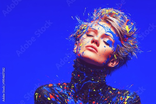 Artistic portrait of high fashion model with colorful paint splatters on face and clothes against blue background
