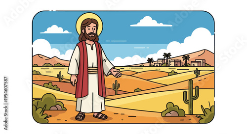 Jesus Christ in desert landscape, with halo, preaching to a small village community