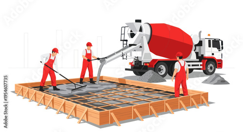 Construction workers pouring concrete foundation with mixer truck and leveling tools