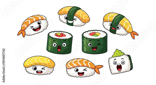 Cute Sushi Characters Collection: Salmon Nigiri, Maki Rolls, Onigiri