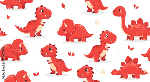 Cute Red Dinosaurs Seamless Pattern, Cartoon Style, Kids Illustration