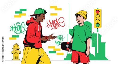 Diverse friends with skateboards and graffiti discuss urban life near a traffic light.