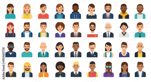 Diverse Group of People Avatars, Flat Design, Representing Variety of Individuals