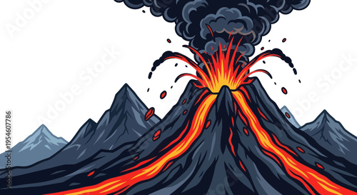 Exploding Volcano Erupting Lava and Ash Clouds Illustration