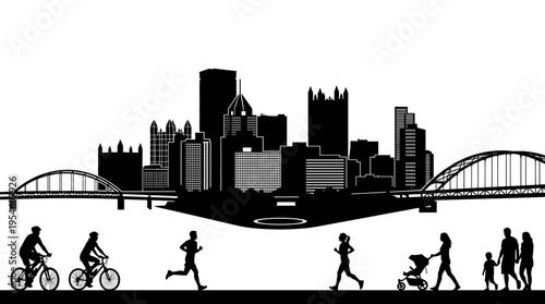 Active family and athletes outdoor activity in front of Pittsburgh skyline vector. Black and white city silhouette with bridges and runners.