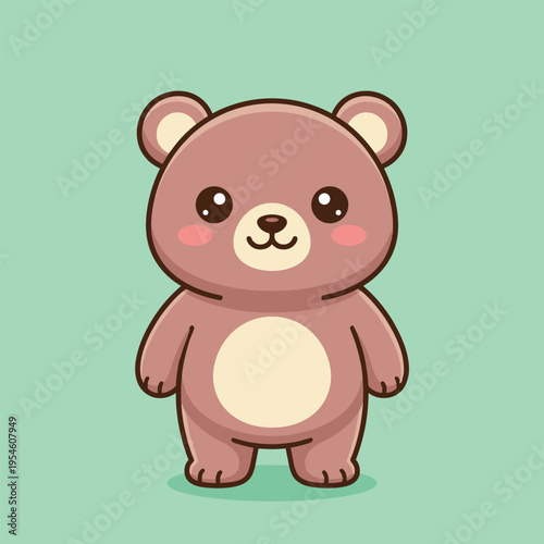 Cute brown cartoon bear character with rosy cheeks and big eyes on a mint green background.