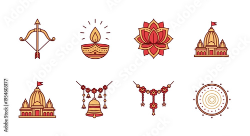 Vibrant collection of traditional Hindu religious and cultural symbols, vector icons, and festive elements for spiritual celebrations, temple decorations, and cultural event designs