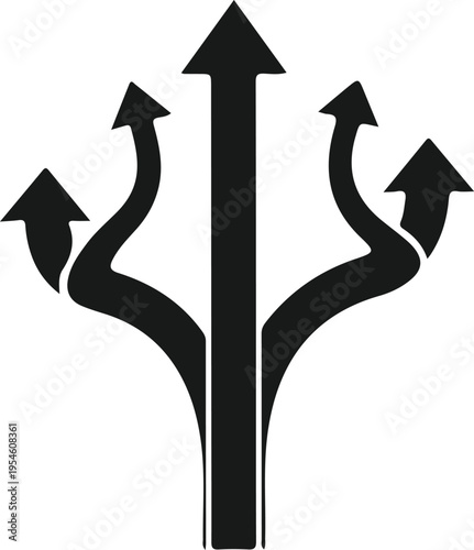 Black silhouette of diverging arrows originating from a single point, symbolizing choices, directions, and future possibilities.