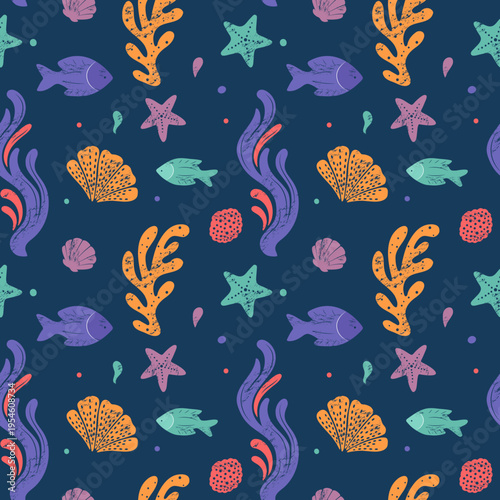 Underwater pattern. Ocean animals seamless pattern with fishes, corals, seaweed. Groovy marine background.