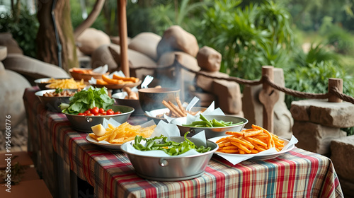 mesas preparadas para comer muchos comensales al aire libre