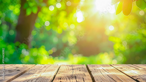 A wooden table, morning light, blurred background, vibrant nature – ideal for use as an illustration in product placement for advertising