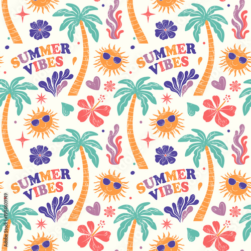 Summertime seamless pattern with palm trees, smiling suns, flowers and summer vibes text. Retro tropical background