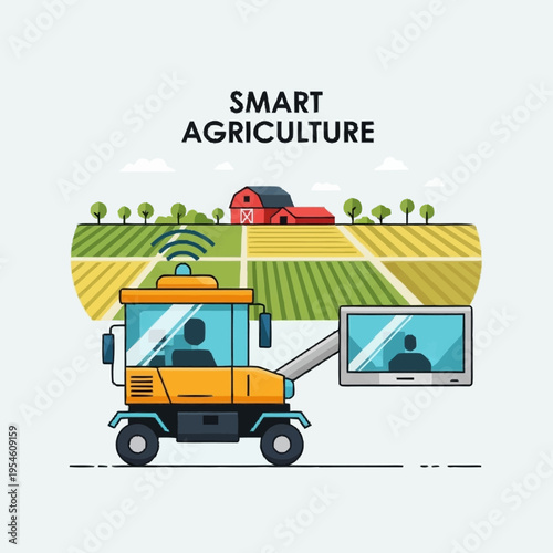 Illustration of a smart tractor with a screen displaying a person, representing advanced technology in modern agriculture and farming.
