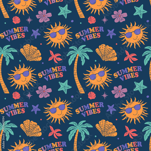 Summertime seamless pattern with smiling suns, palm tree, flowers and summer vibes text. Retro tropical background