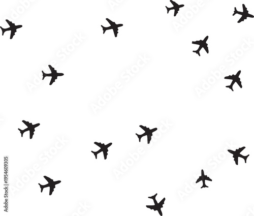 Collection of black airplane silhouettes flying across transparent background creating a dynamic aviation scene for transport and logistics projects